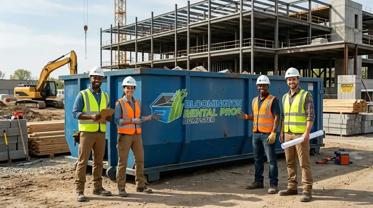 Bloomington Dumpster Rental Pros crew members in hard hats and hi-vis vests beside a blue roll-off container on a building site