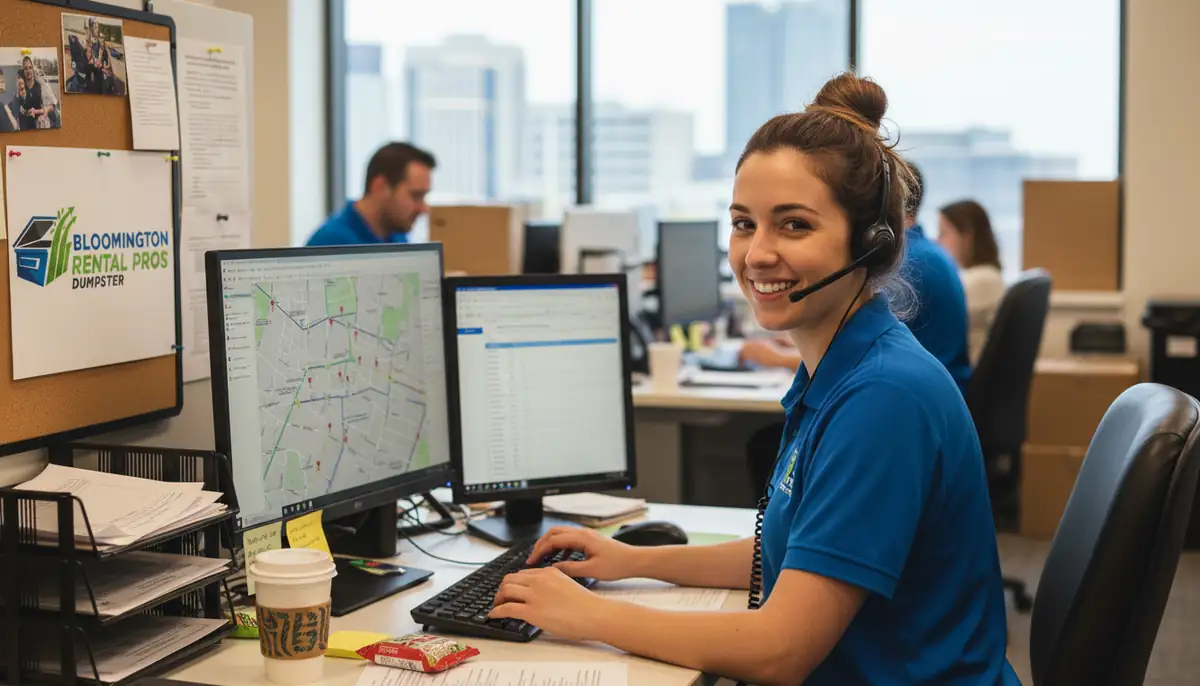 Bloomington Dumpster Rental Pros dispatcher wearing a headset at a desk with route maps on the screens