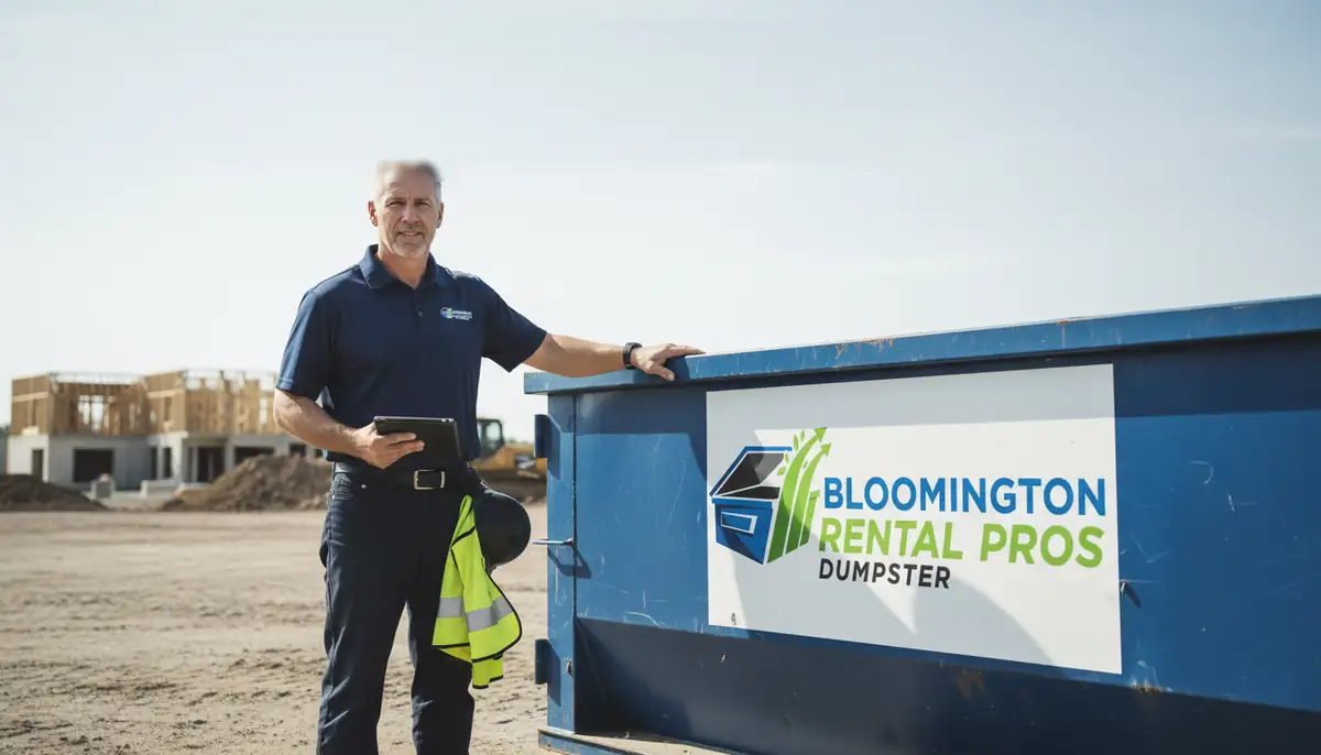 Bloomington Dumpster Rental Pros crew member holding a tablet beside a blue roll-off container on a job site