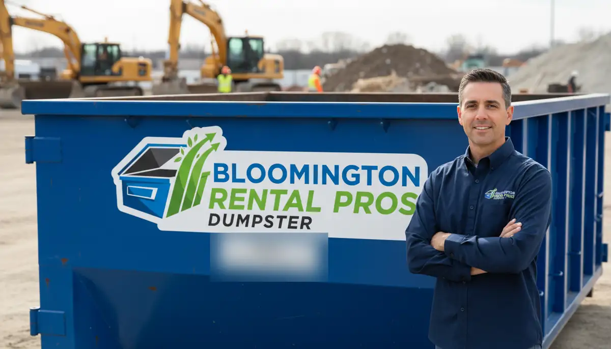 Bloomington Dumpster Rental Pros team member in a company shirt beside a blue roll-off container at a construction site